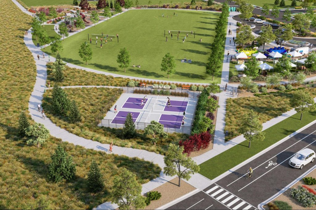 Aerial view of outdoor recreational court and field of a Parterre master-planned community